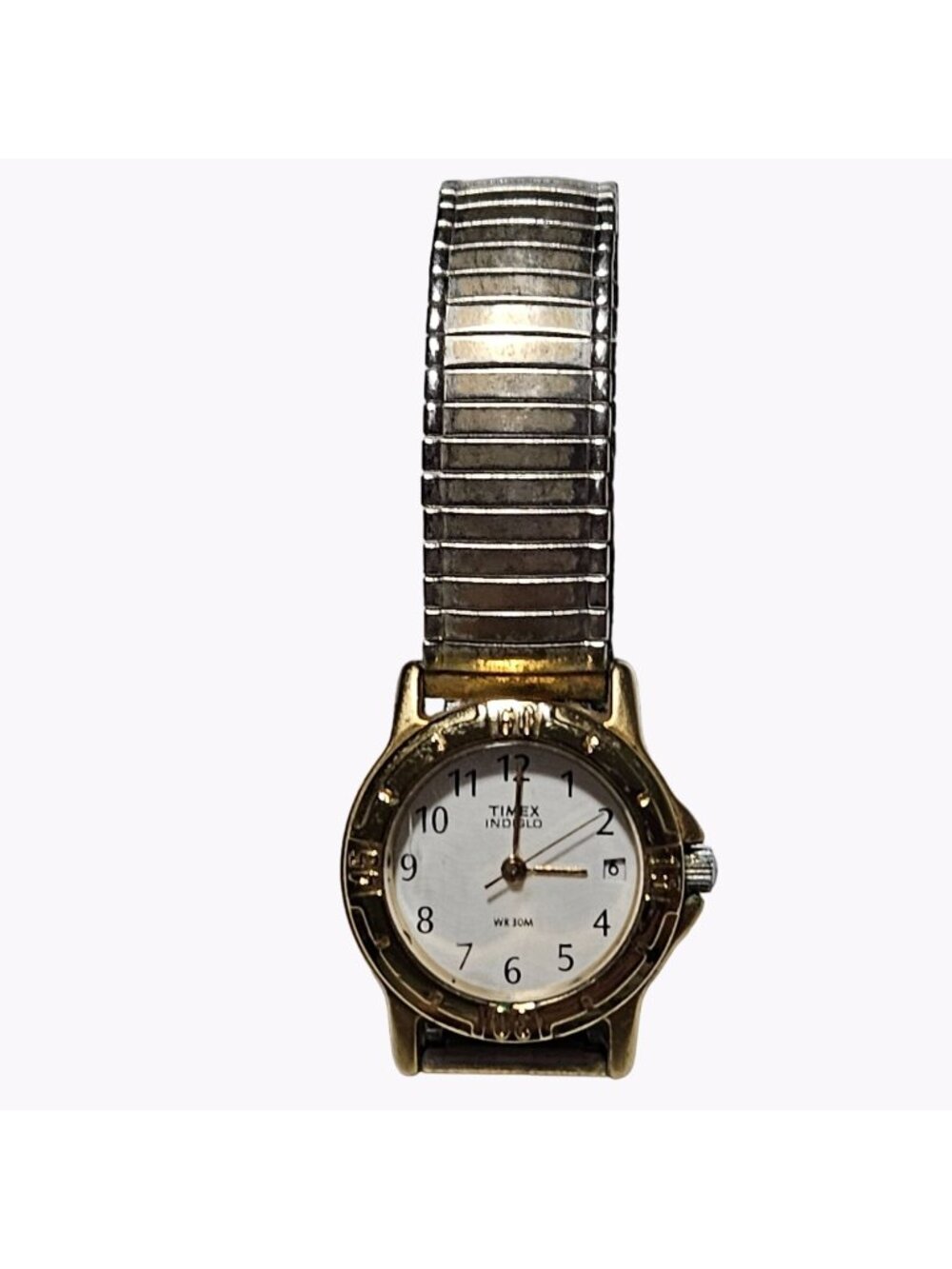 Timex Indiglo Watch WR 30M Stretch Band Gold Tone Womens Formal Evening Work